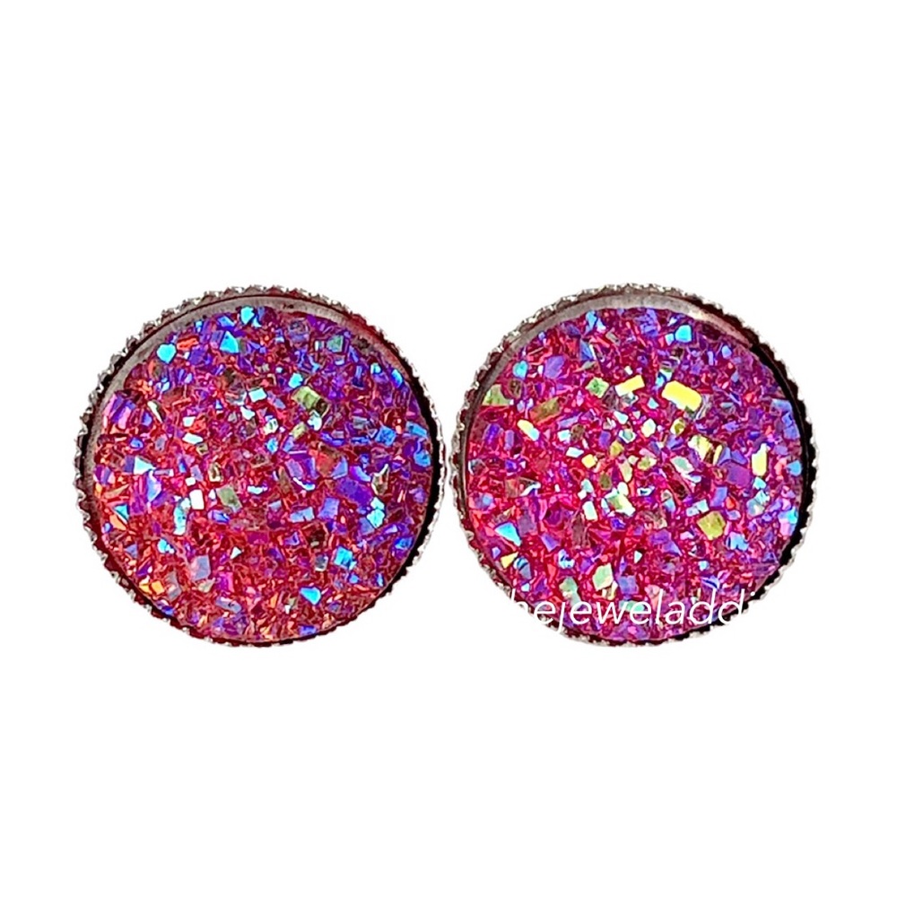 3 for 15🎀 hot pink glitter flat Drusy style studs
